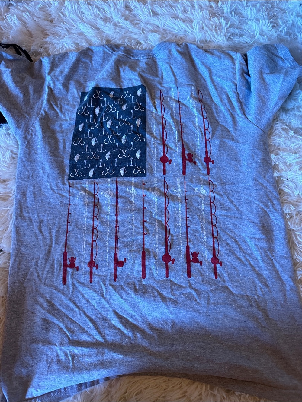 Gray Graphic Fishing Flag Tee with Red Rods
